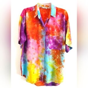 Fun Vintage Bonjour Tie Dye Camp Shirt Colorful Hippie Boho Oversized Medium
